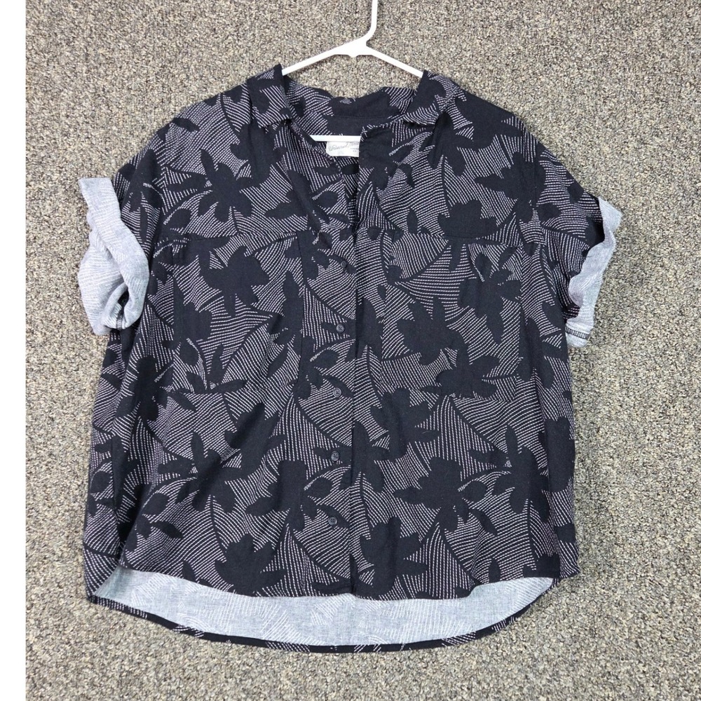 Universal Thread Short Sleeve Shirt Mens L Black Floral Linen Rayon Button Up
